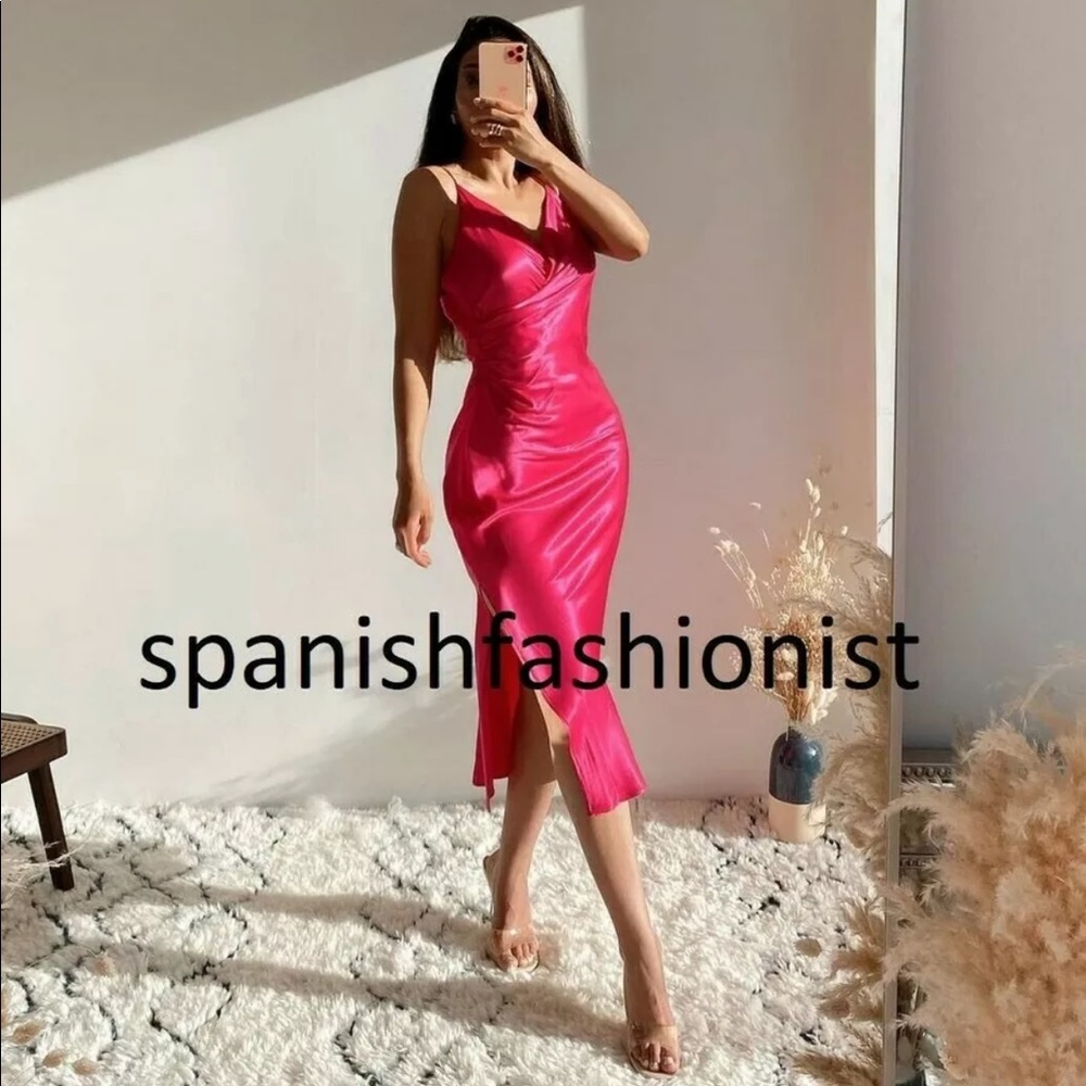 Zara DRAPED CAMISOLE SATIN MIDI DRESS w/ Side Slit PINK NEW